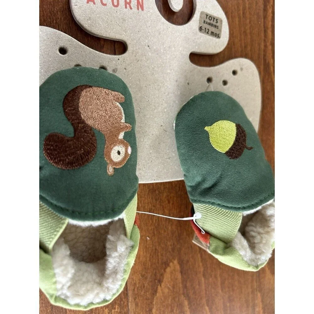 Acorn Baby Tots Squirrel Baby Slippers‎ Green Fur lined NEW 6-12 Months